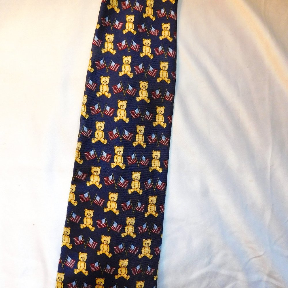 BeauFort Tie Rack Silk Made In Italy Teddy Bear and USA Flags